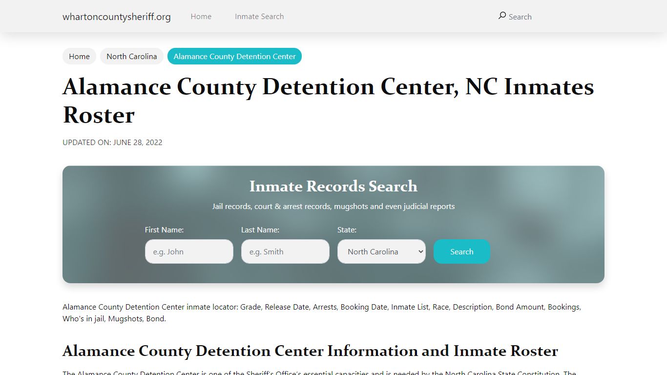 Alamance County Detention Center, NC Jail Roster, Name Search